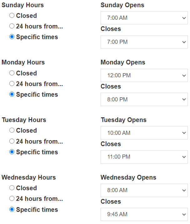 opening and closing times